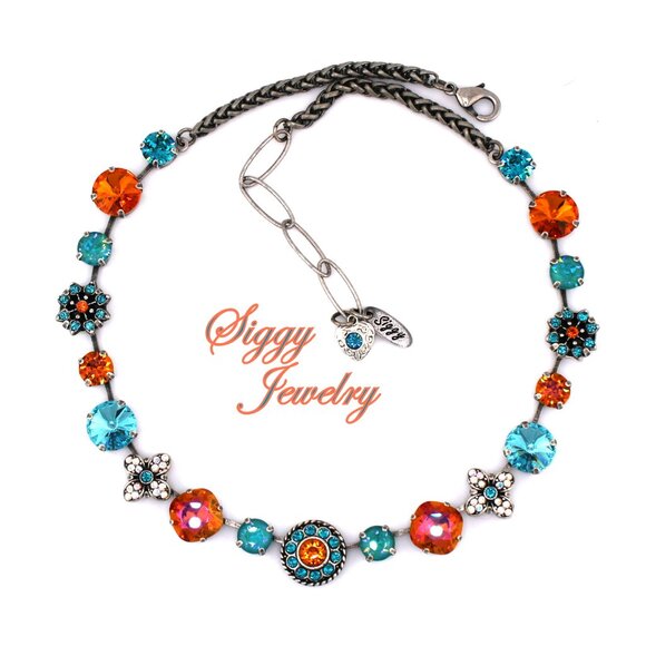 Fiamma Vita Austrian Crystal Flower Necklace Orange and Teal, Antique silver - Picture 1 of 6